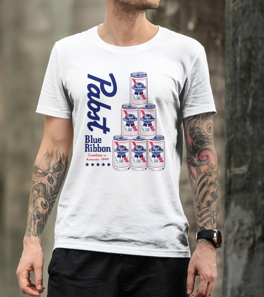 Pabst Blue Ribbon Beer Can Pyramid Established 1844 T-Shirt