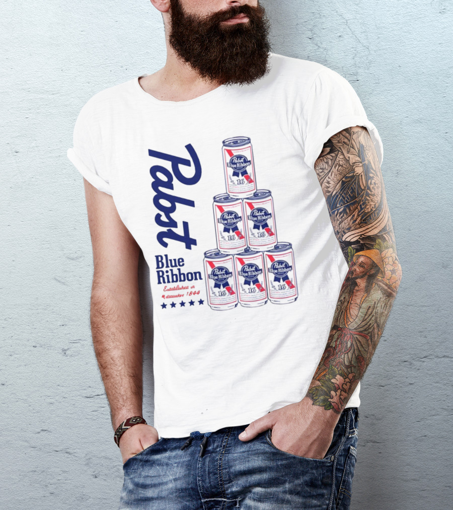 Pabst Blue Ribbon Beer Can Pyramid Established 1844 T-Shirt