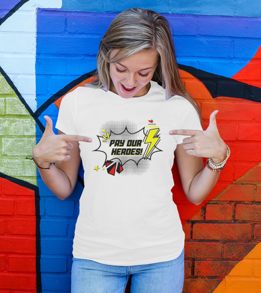 Sag-Aftra Strong Pay Our Heroes Comic Style Lightning Bolt And Stars T-Shirt