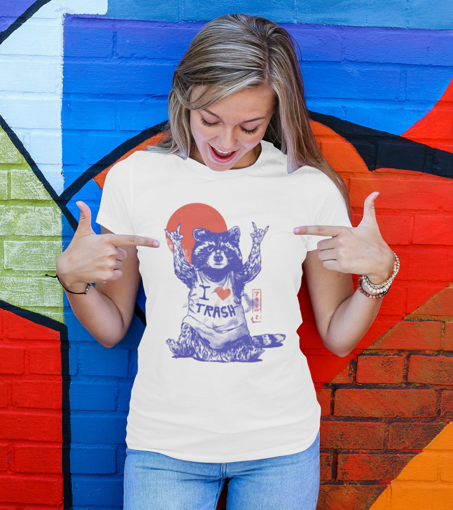 Wickedclothes I Love Trash Raccoon Rock Gesture Red Moon T-Shirt