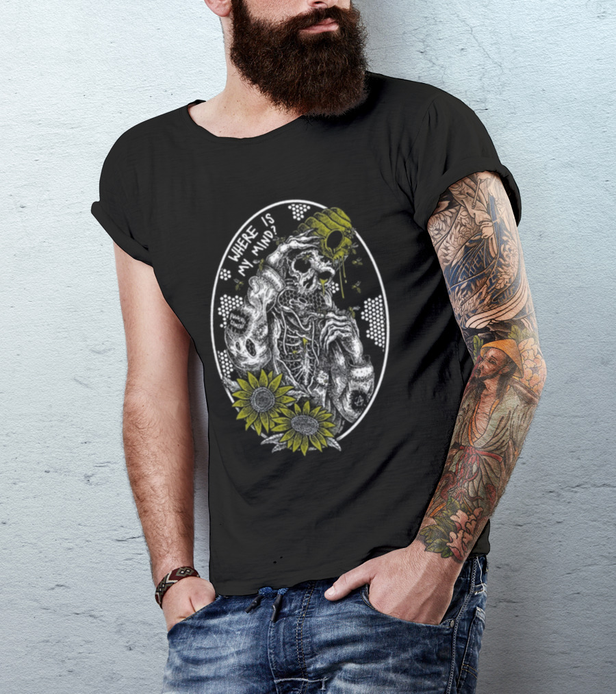 Punkwithacamera Where Is My Mind Skull Sunflowers Bees T-Shirt
