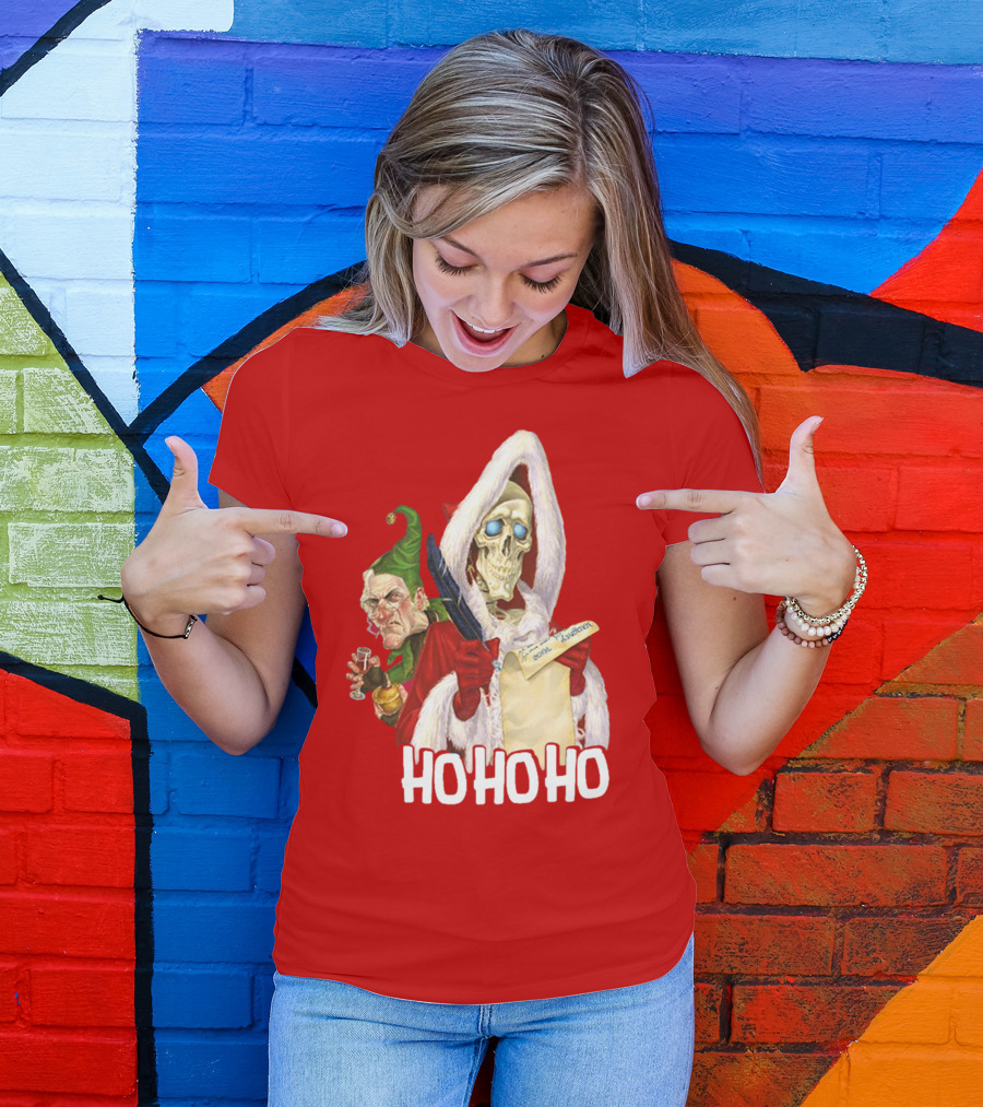 Ho Ho Ho Death With Albert Hogs Santa Skeleton And Elf T-Shirt