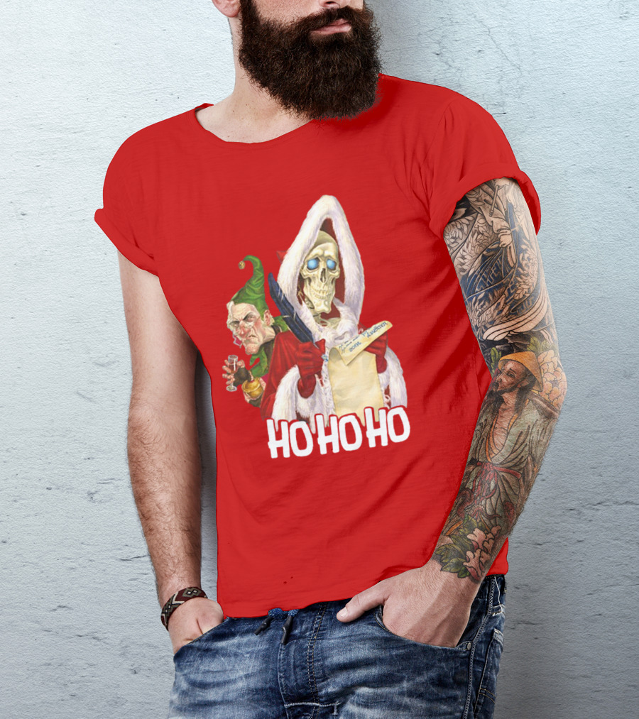 Ho Ho Ho Death With Albert Hogs Santa Skeleton And Elf T-Shirt