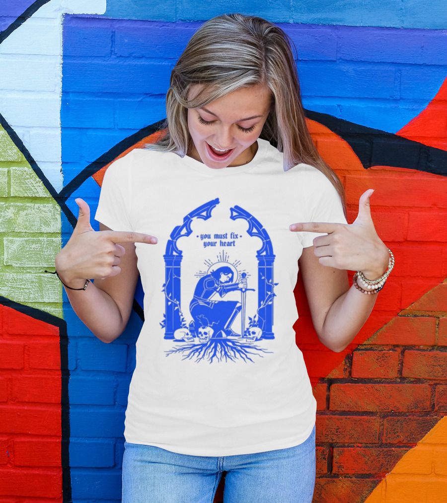 You Must Fix Your Heart Kneeling Skeleton With Sword And Skull Gothic Arch T-Shirt