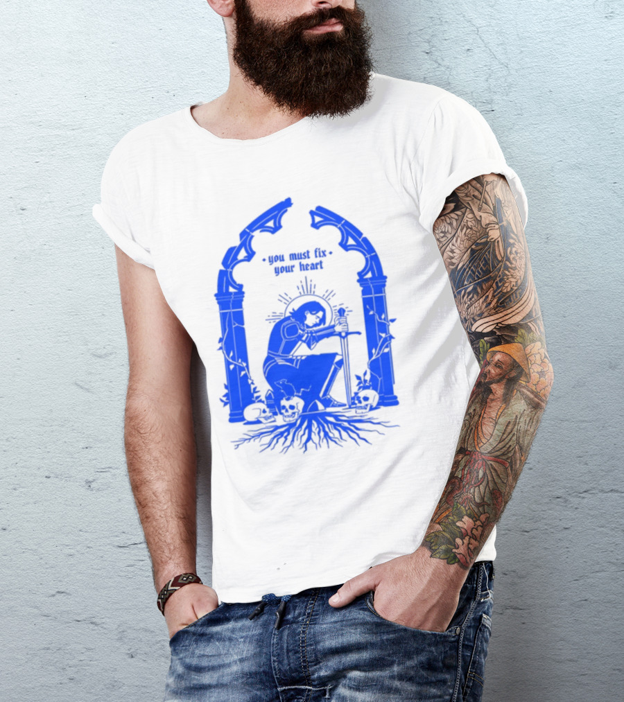 You Must Fix Your Heart Kneeling Skeleton With Sword And Skull Gothic Arch T-Shirt