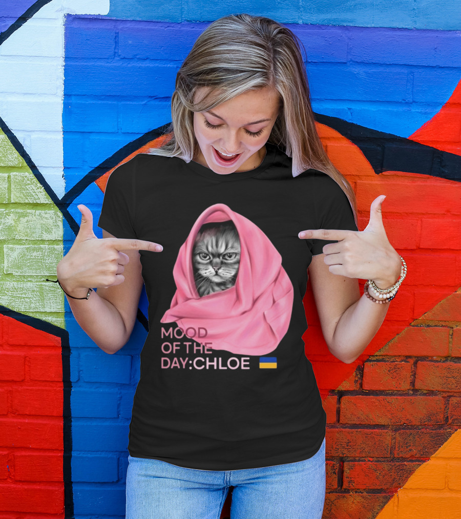 Mood Of The Day: Chloe Juliapod Pink Cat With Ukrainian Flag Background T-Shirt