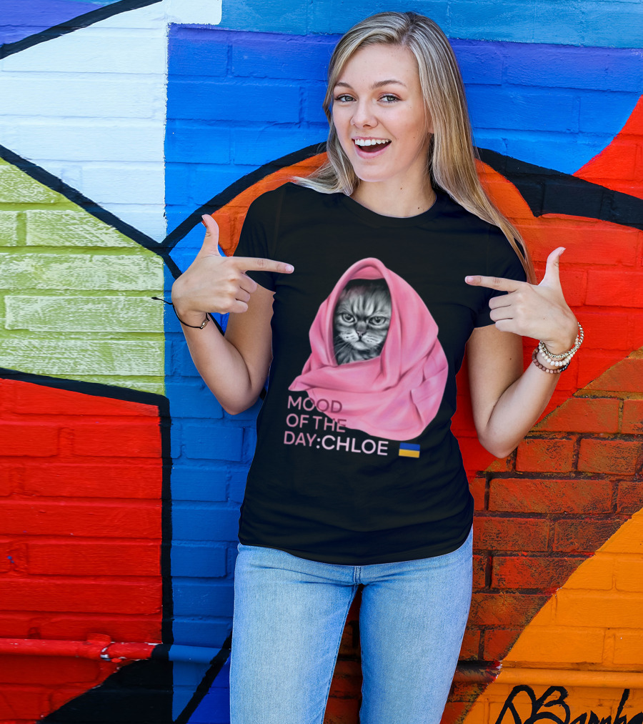 Mood Of The Day: Chloe Juliapod Pink Cat With Ukrainian Flag Background T-Shirt