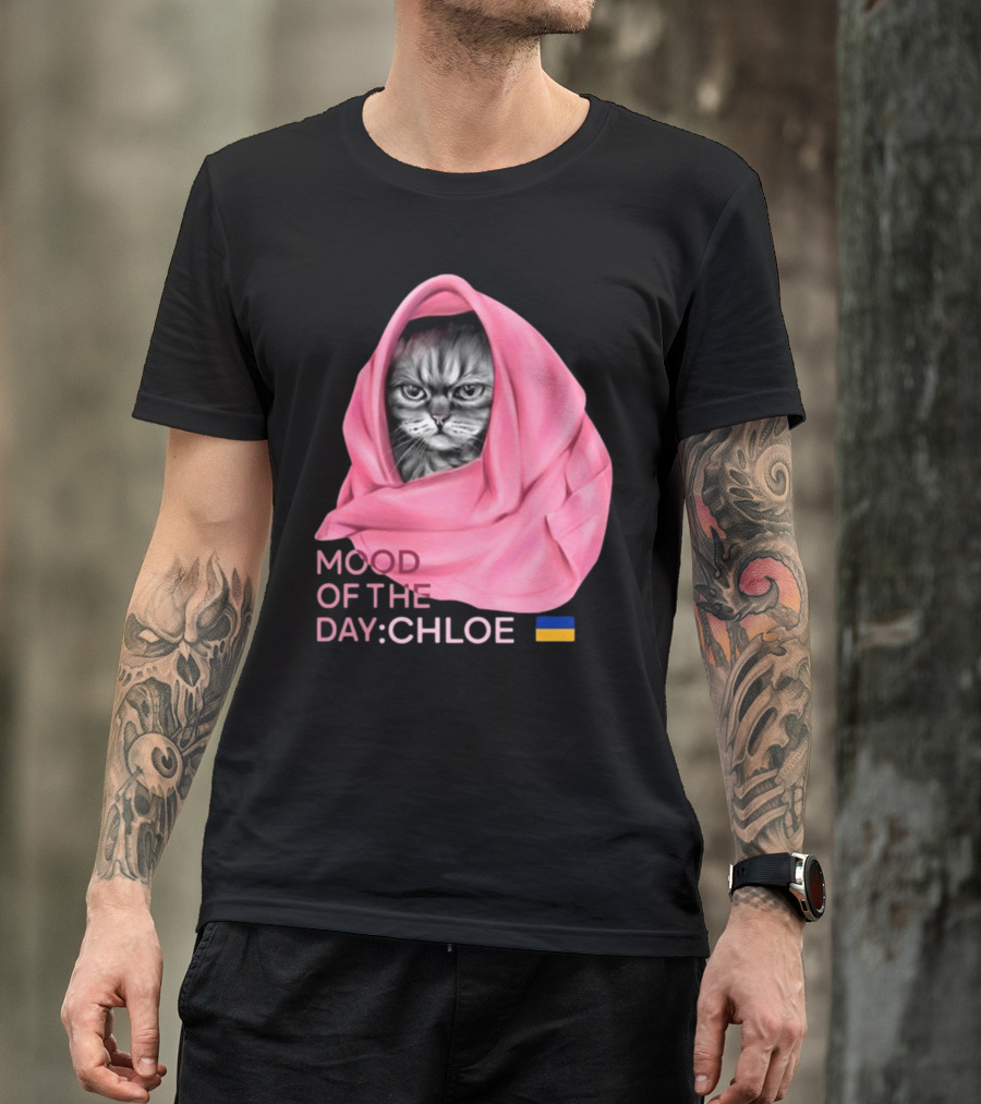 Mood Of The Day: Chloe Juliapod Pink Cat With Ukrainian Flag Background T-Shirt