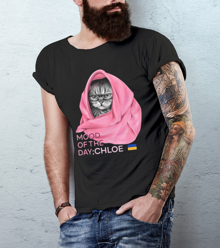 Mood Of The Day: Chloe Juliapod Pink Cat With Ukrainian Flag Background T-Shirt