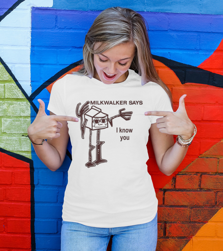MILKWALKER SAYS I KNOW YOU Creepy Tall Cartoon Character Box Milk T-Shirt
