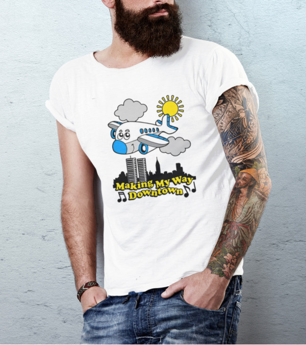Making My Way Downtown Airplane City Skyline Sun Cloud Notes T-Shirt