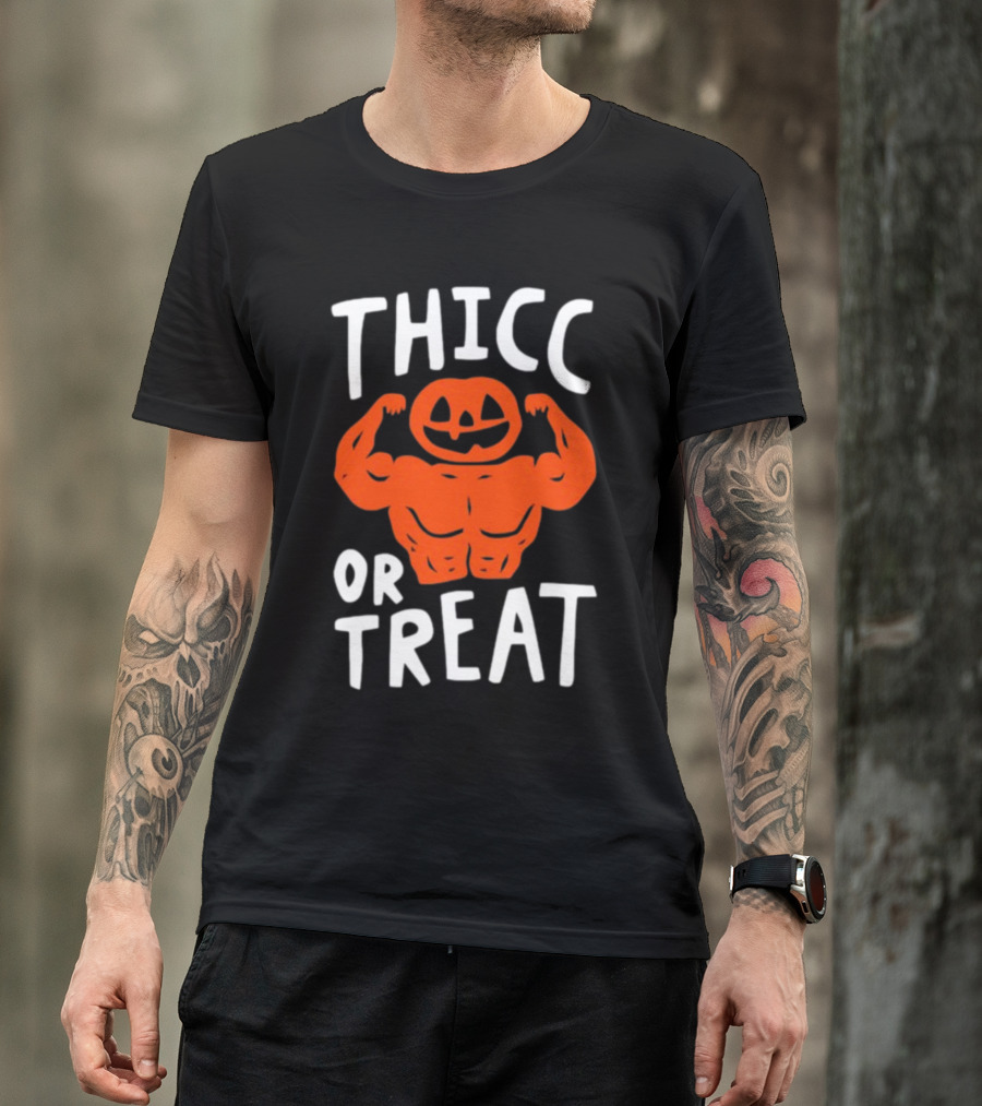 Thicc Or Treats Pumpkin Flexing Muscles T-Shirt