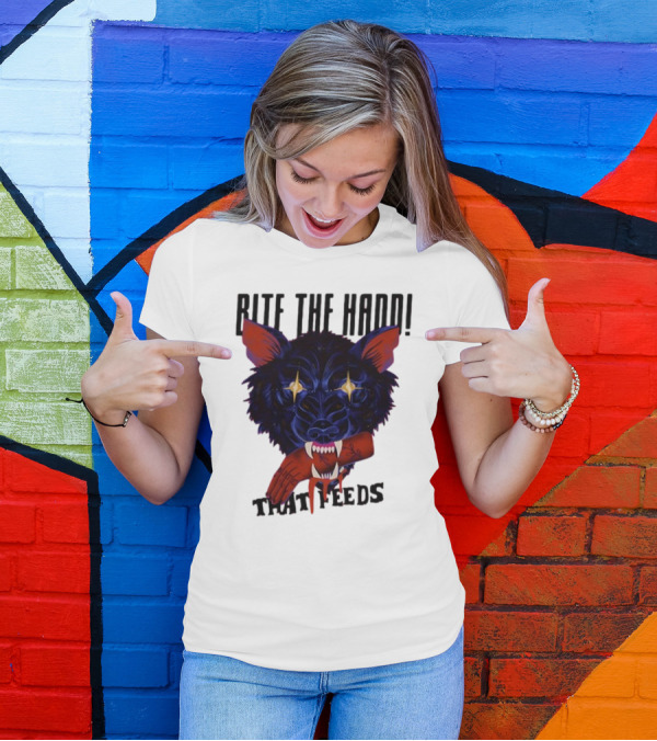 Galactixy Bite The Hand That Feeds Wolf With Glowing Eyes Holding Severed Hand T-Shirt