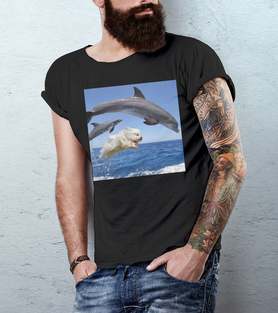 Dog Swimming With Jumping Dolphins Ocean Scene T-Shirt