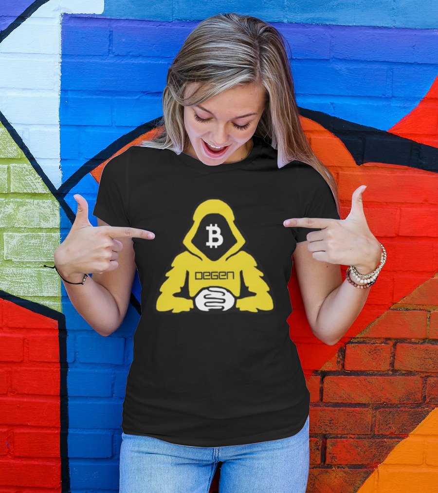 Bitcoin Degen Hooded Figure With Bitcoin Logo And Folded Hands T-Shirt
