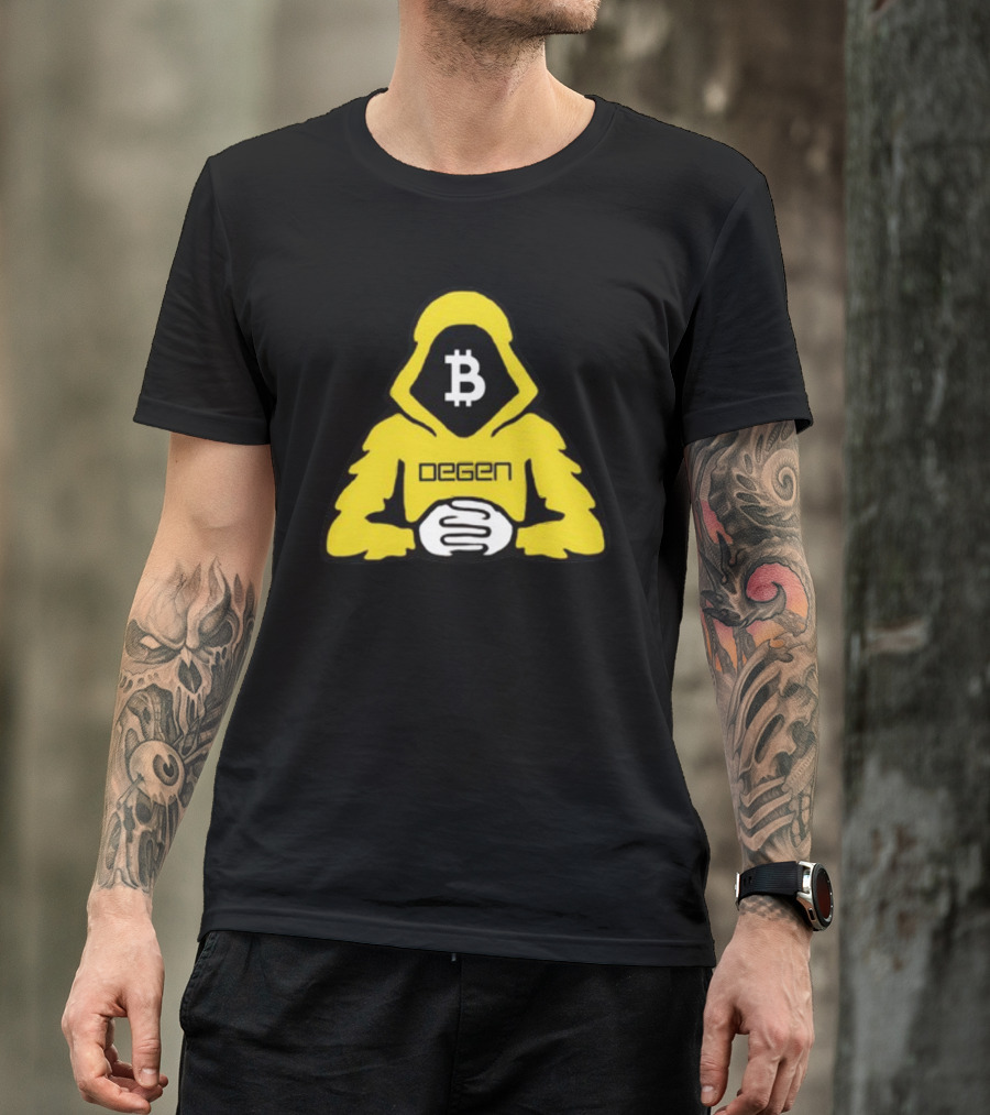 Bitcoin Degen Hooded Figure With Bitcoin Logo And Folded Hands T-Shirt