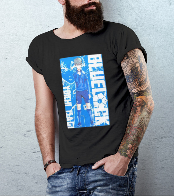 Blue Lock Isagi Yoichi Anime Soccer Character Bold Blue T-Shirt