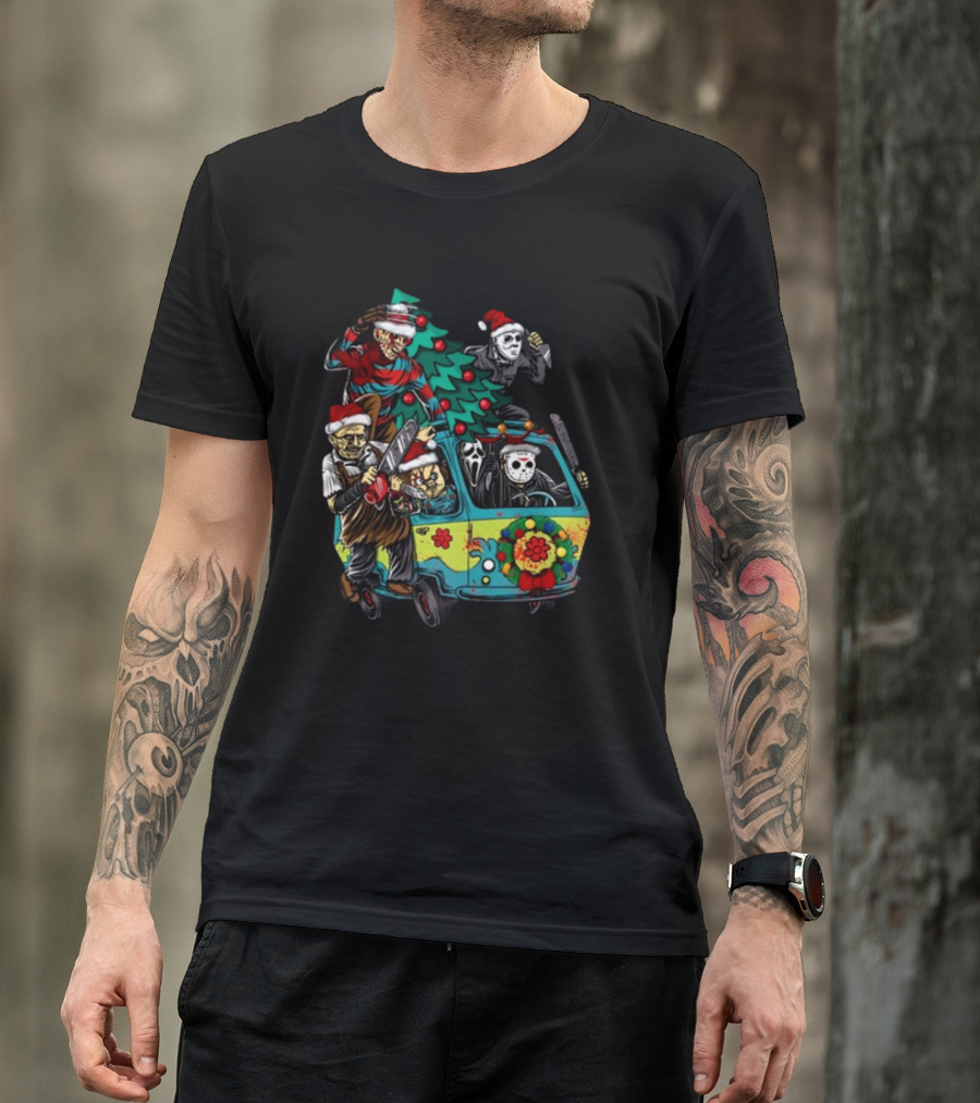 Horror Movie Characters In Christmas Santa Hats With Tree On Fun Van T-Shirt