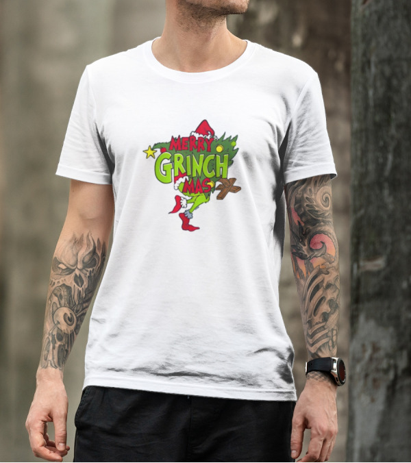 Merry Grinchmas Tree With Santa Hat And Holiday Decorations T-Shirt