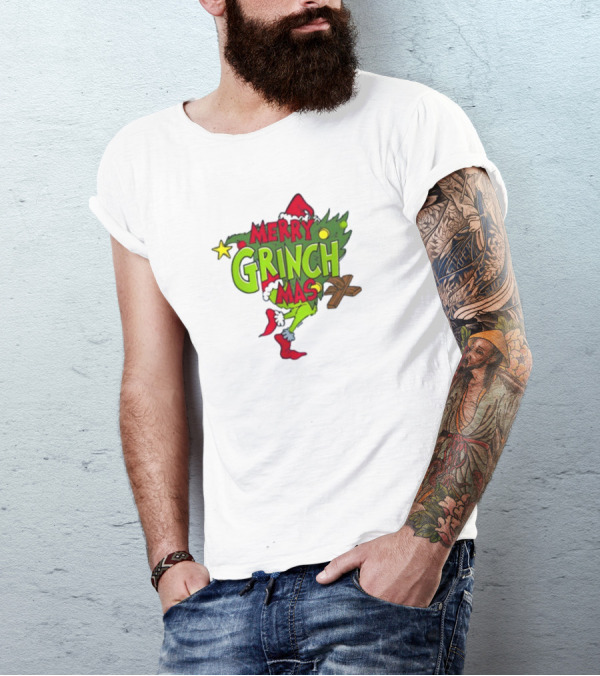 Merry Grinchmas Tree With Santa Hat And Holiday Decorations T-Shirt