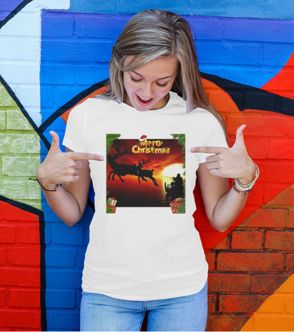 Merry Christmas Santa Claus Sleigh Sunset With Reindeer In Holiday Scene T-Shirt