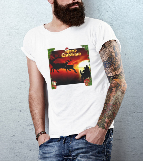 Merry Christmas Santa Claus Sleigh Sunset With Reindeer In Holiday Scene T-Shirt