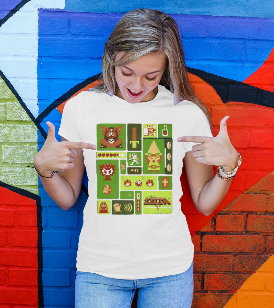 Pixelated Zelda And Link Adventure Icons Mosaic With Sword And Hearts T-Shirt