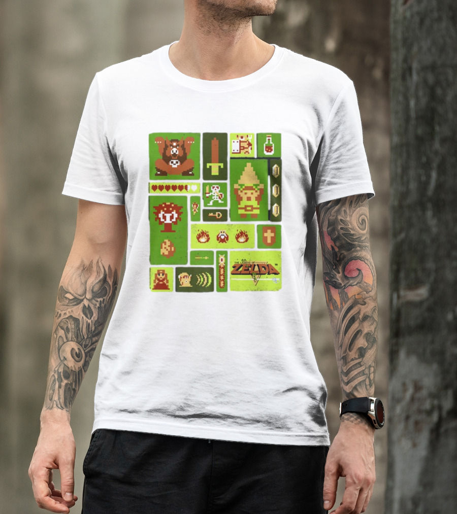 Pixelated Zelda And Link Adventure Icons Mosaic With Sword And Hearts T-Shirt
