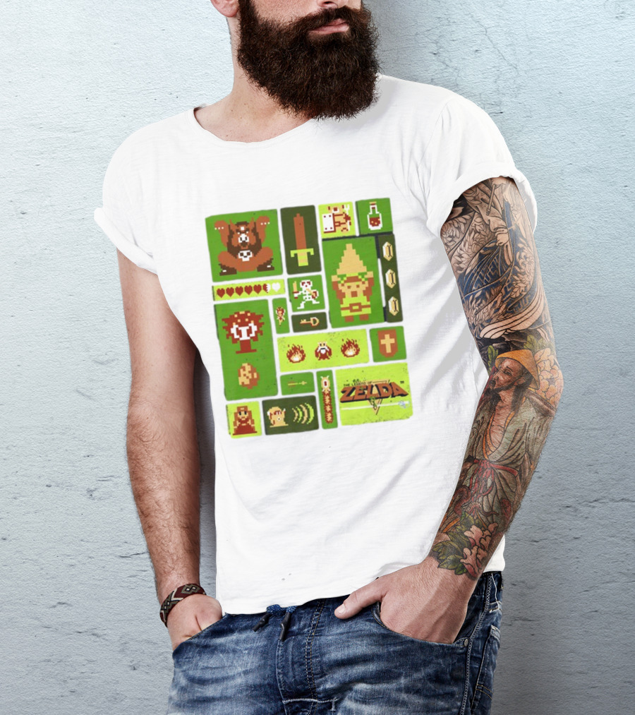 Pixelated Zelda And Link Adventure Icons Mosaic With Sword And Hearts T-Shirt