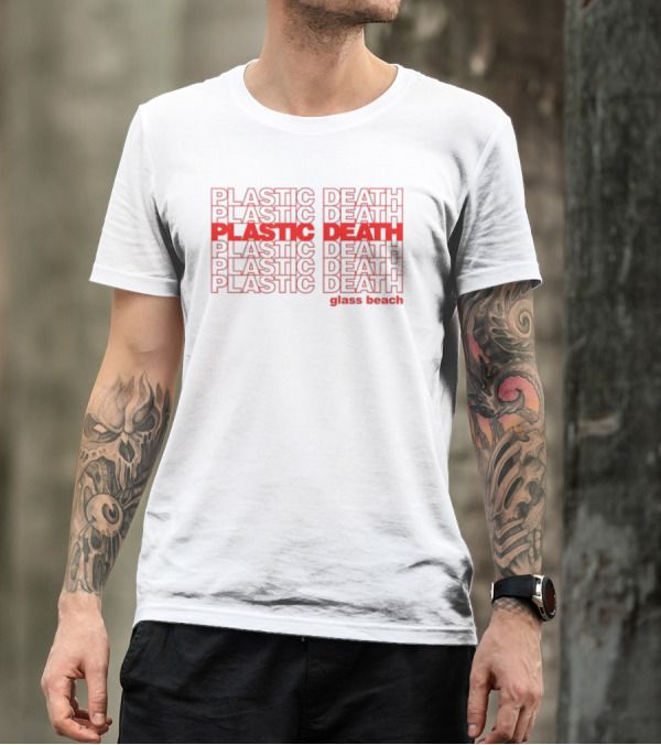 Plastic Death Glass Beach Repeated Text Ringer T-Shirt