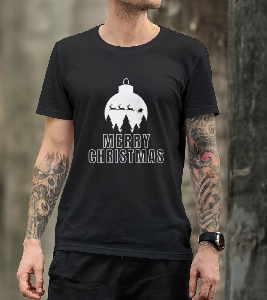 Merry Christmas Ornament Reindeer Sleigh And Trees T-Shirt