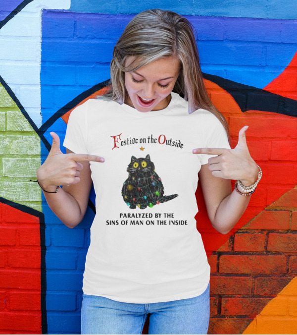 Festive On The Outside Paralyzed By The Sins Of Man On The Inside Cat Wrapped In Christmas Lights T-Shirt
