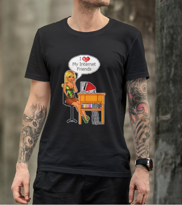Cherrykitten I Love My Internet Friends Y2K Vintage Blonde Girl At Desk Pixel T-Shirt
