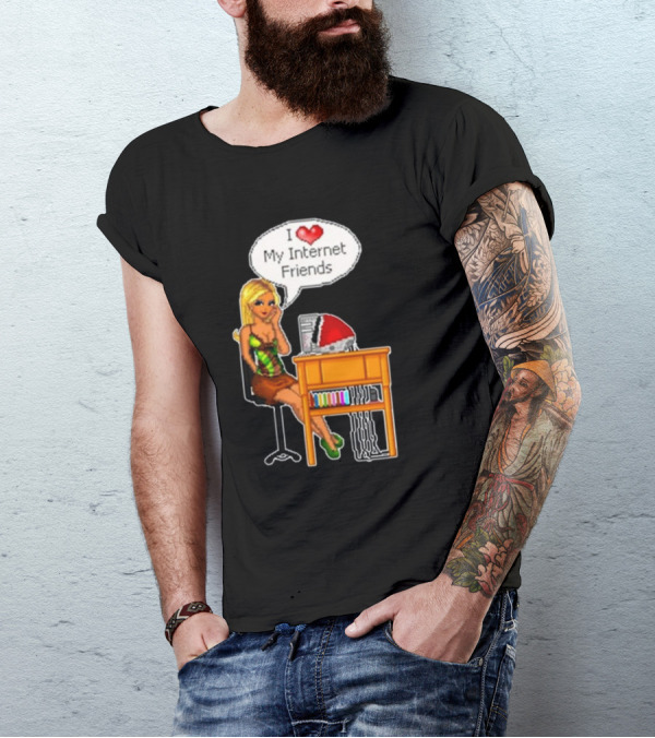 Cherrykitten I Love My Internet Friends Y2K Vintage Blonde Girl At Desk Pixel T-Shirt