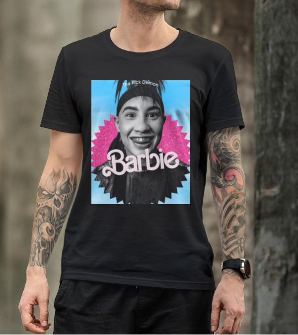 Kick Demon Barbie Smiling Portrait With Pink Starburst Background T-Shirt
