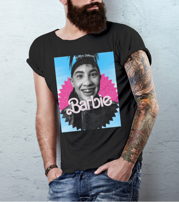 Kick Demon Barbie Smiling Portrait With Pink Starburst Background T-Shirt