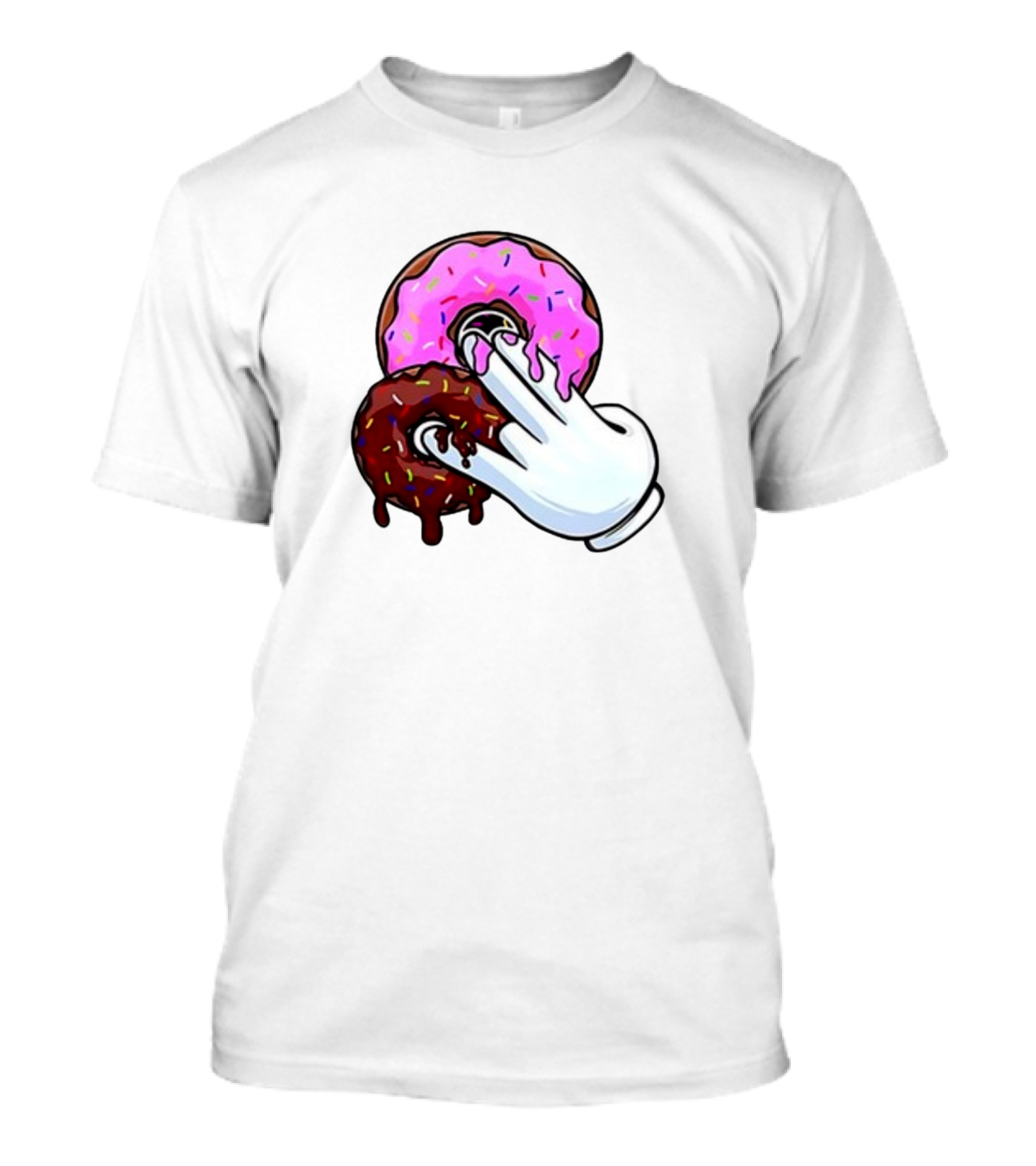 Funnyahhtees Pink And Brown Donuts With Cartoon Glove Hand T-Shirt