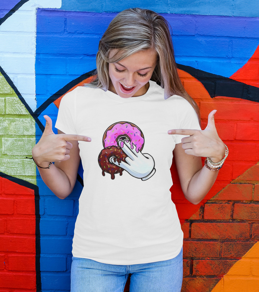 Funnyahhtees Pink And Brown Donuts With Cartoon Glove Hand T-Shirt