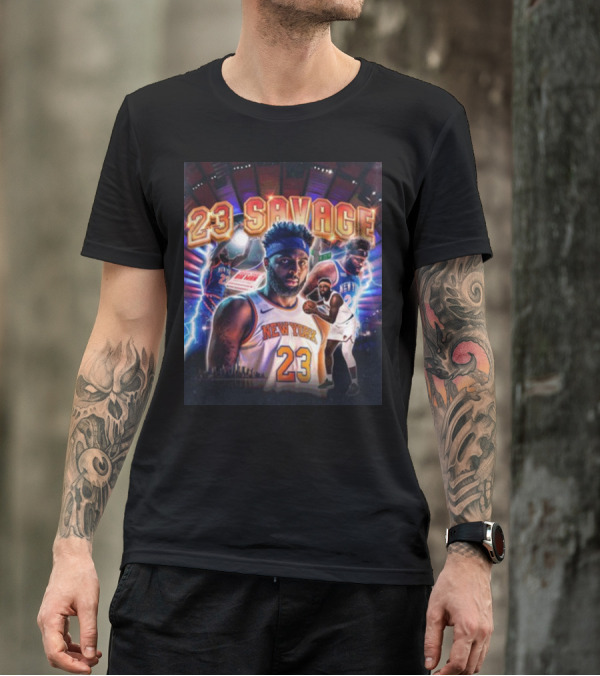 New York Knicks 23 Savage Mitchell Robinson Stadium Lightning Background T-Shirt
