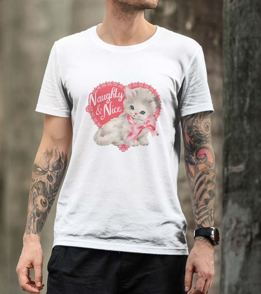 Nessa Barrett Store Naughty And Nice Kitten Heart Bow T-Shirt