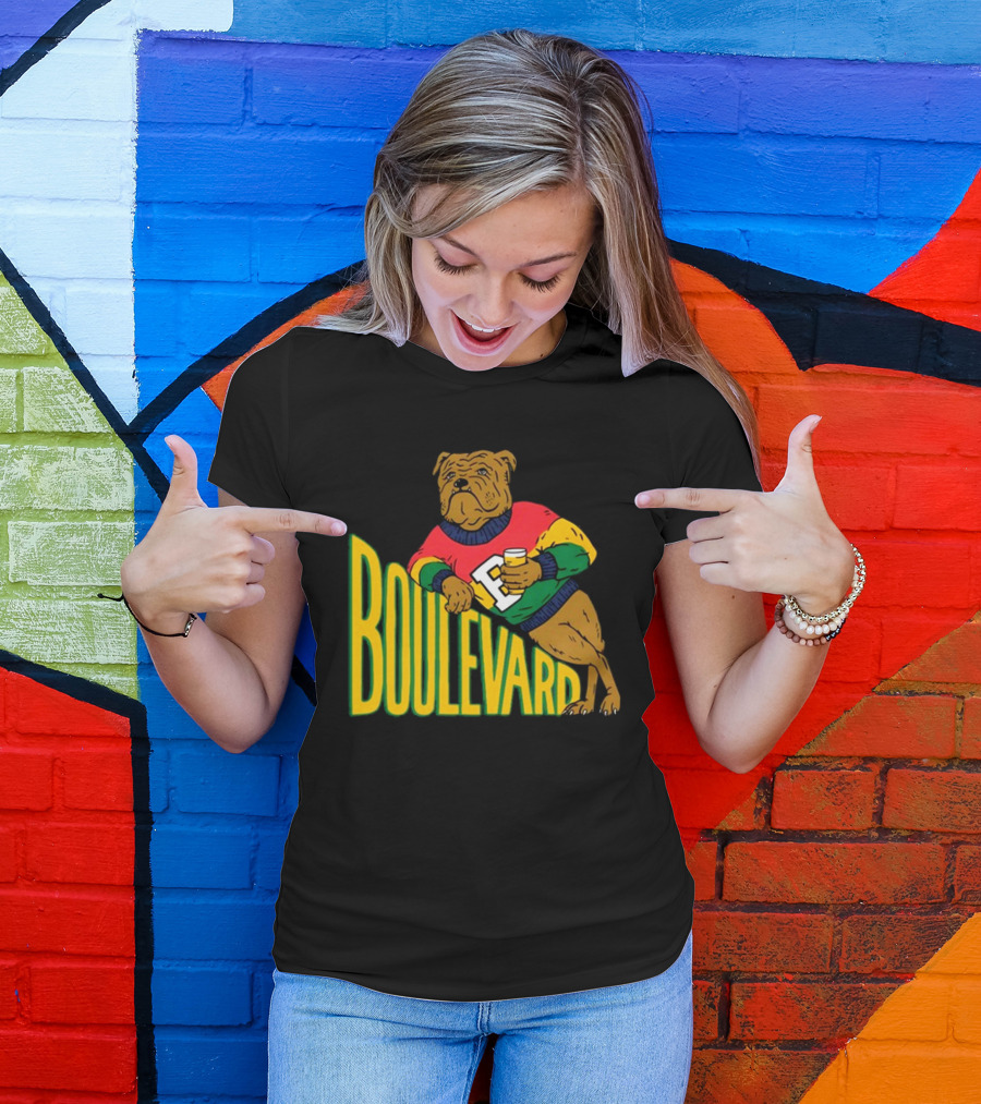 Boulevard Bully Dog In Colorful Sweater Holding Drink T-Shirt