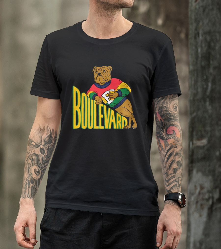 Boulevard Bully Dog In Colorful Sweater Holding Drink T-Shirt
