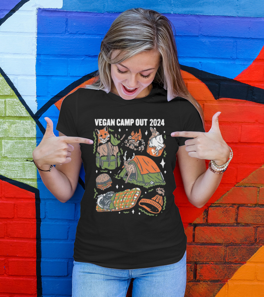 Vegan Camp Out 2024 Forest Animals Tent Campfire Deer Burger Sleeping Bag Beanie T-Shirt