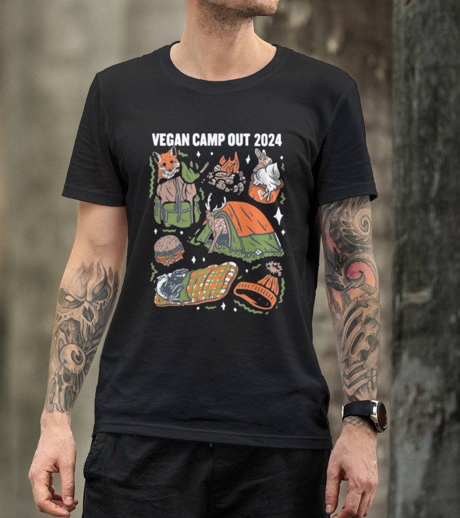 Vegan Camp Out 2024 Forest Animals Tent Campfire Deer Burger Sleeping Bag Beanie T-Shirt