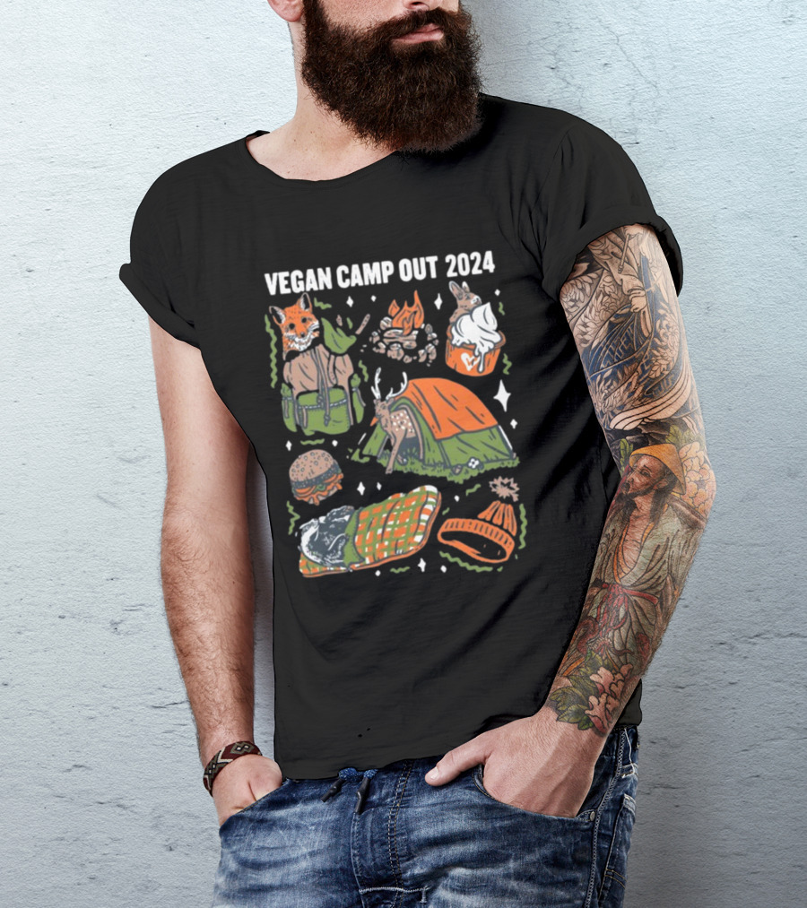 Vegan Camp Out 2024 Forest Animals Tent Campfire Deer Burger Sleeping Bag Beanie T-Shirt