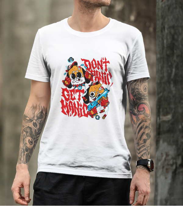 Don't Panic Get Manic Cartoon Characters With Colorful Styling And Playful T-Shirt