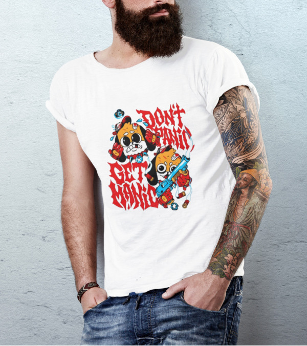 Don't Panic Get Manic Cartoon Characters With Colorful Styling And Playful T-Shirt