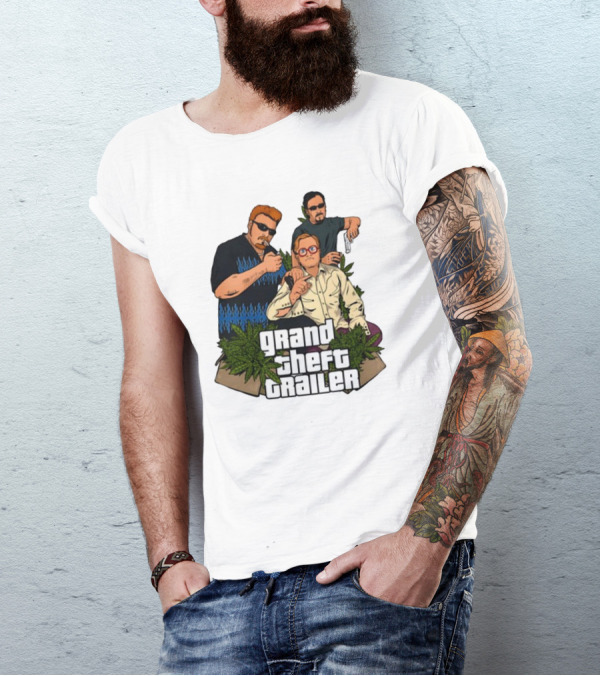 Grand Theft Trailer Cannabis Comedy Trio With Sunglasses And Pistol T-Shirt