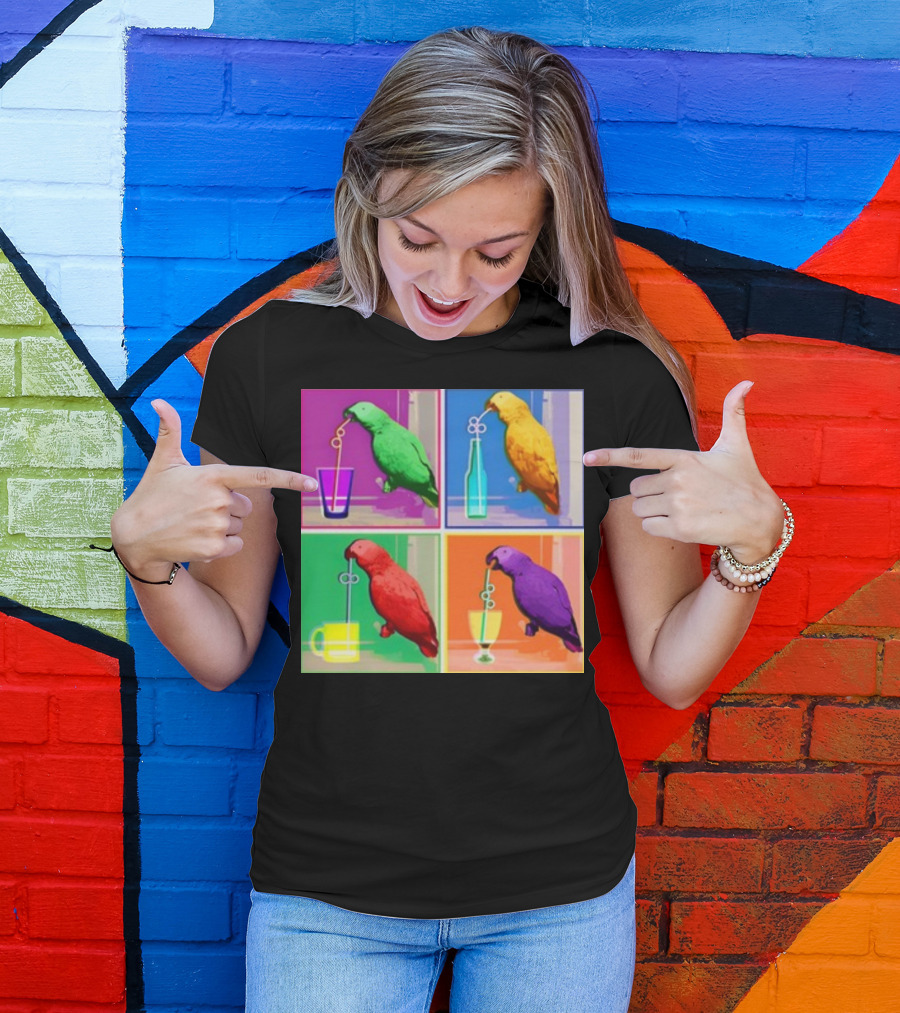 Apolloandfrens Suck Bird Colorful Pop Art Parrot Drinking From Straws T-Shirt