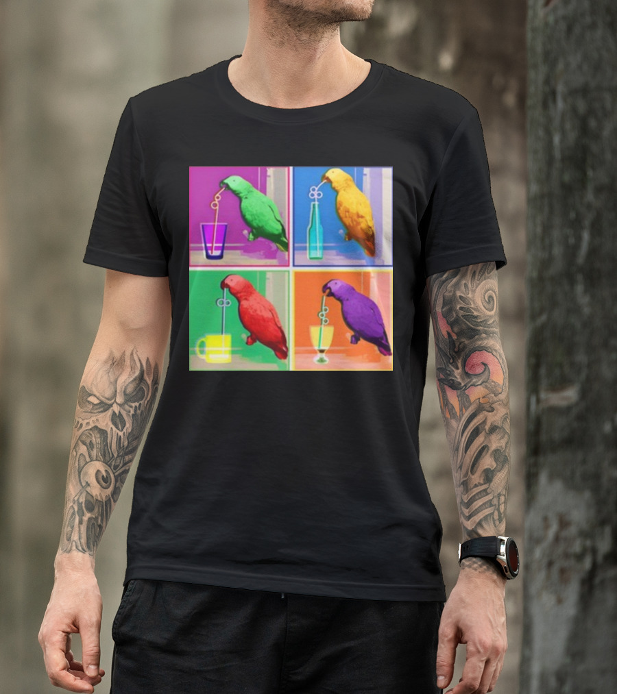 Apolloandfrens Suck Bird Colorful Pop Art Parrot Drinking From Straws T-Shirt